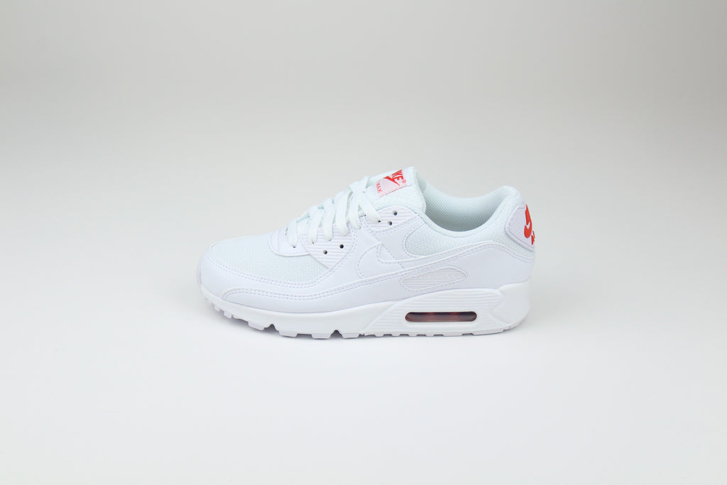 Nike Air Max 90 White & Light Crimson – Retro Running Sneakers, Premium Leather Lifestyle Shoes, Iconic Streetwear Trainers