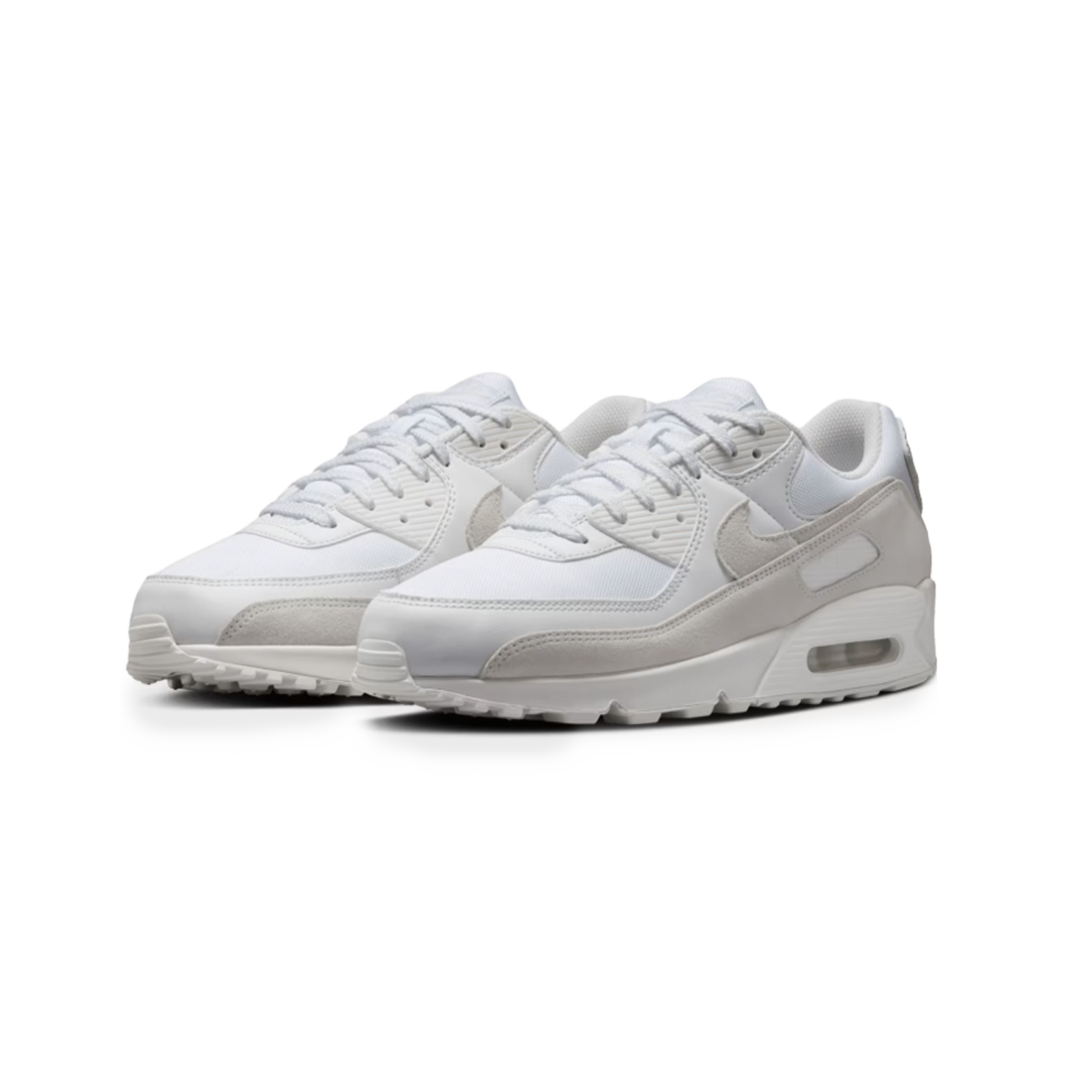 Nike Air Max 90 White Photon Dust Summit White sneaker with white mesh and leather upper soft grey tones and classic Air Max cushioning available at The Attic
