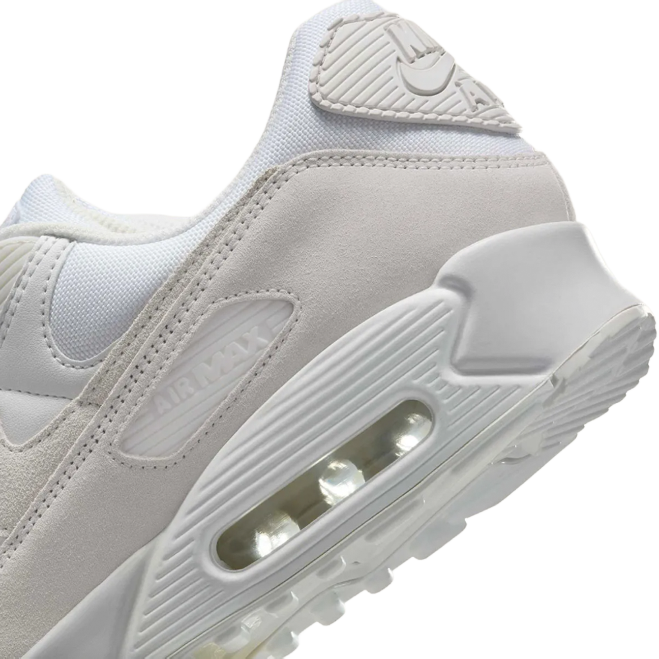 Nike Air Max 90 White Photon Dust Summit White sneaker with white mesh and leather upper soft grey tones and classic Air Max cushioning available at The Attic