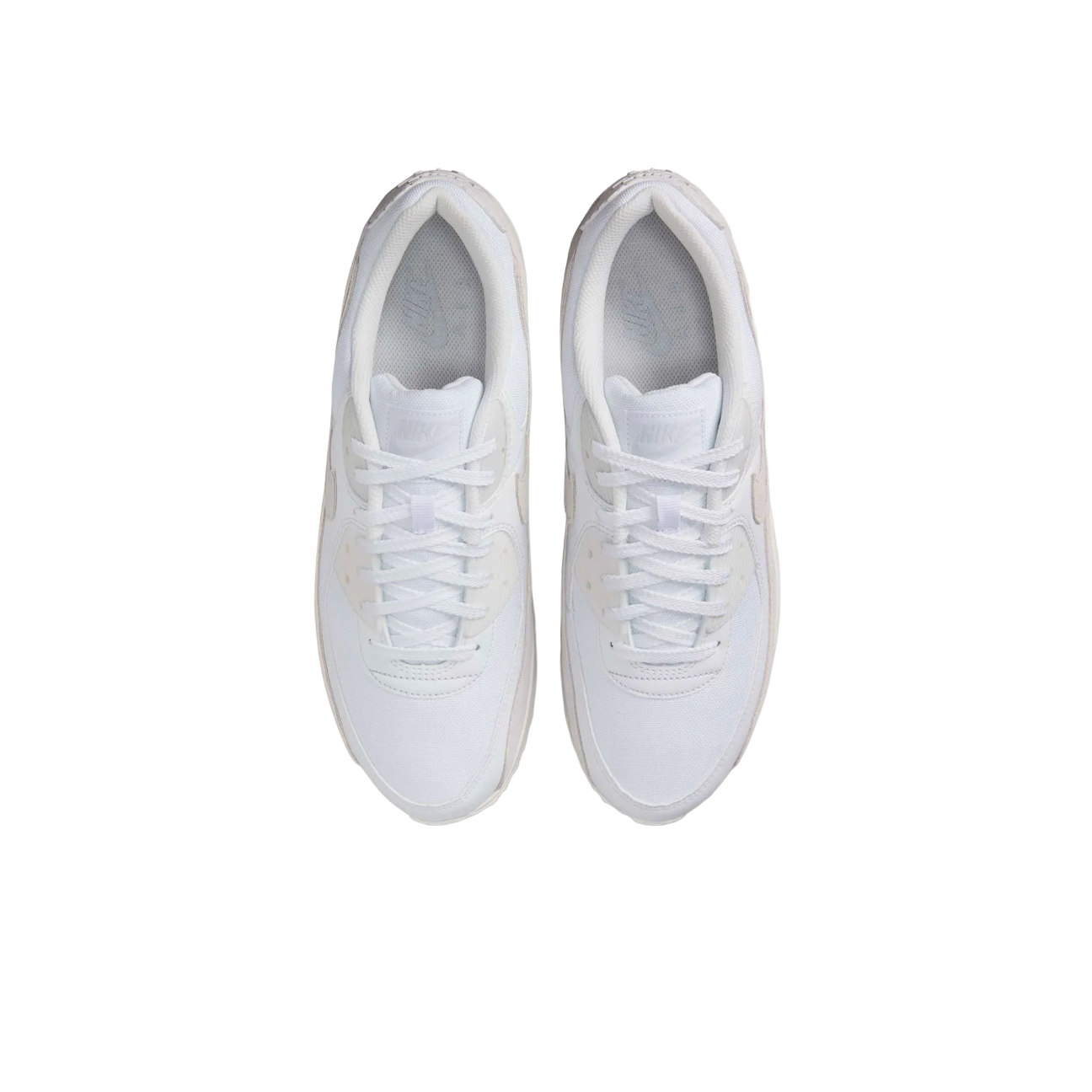 Nike Air Max 90 White Photon Dust Summit White sneaker with white mesh and leather upper soft grey tones and classic Air Max cushioning available at The Attic