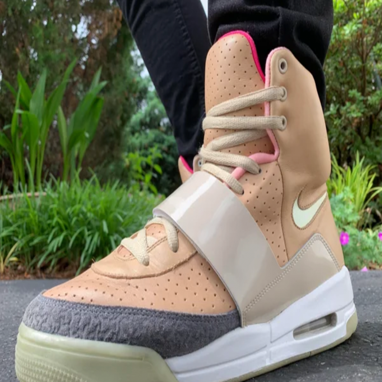 Nike Air Yeezy 1 Net Tan sneaker with premium leather upper, midfoot strap and glow in the dark outsole