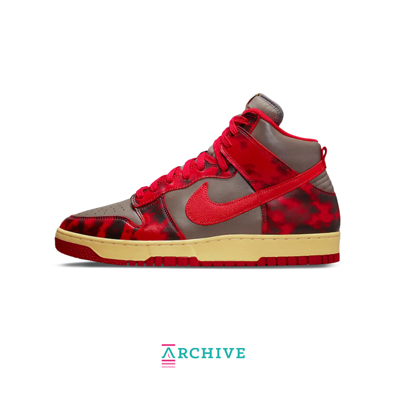 Nike Dunk High 85 SP Acid Wash sneaker in red with vintage treated leather upper and classic high top Dunk silhouette