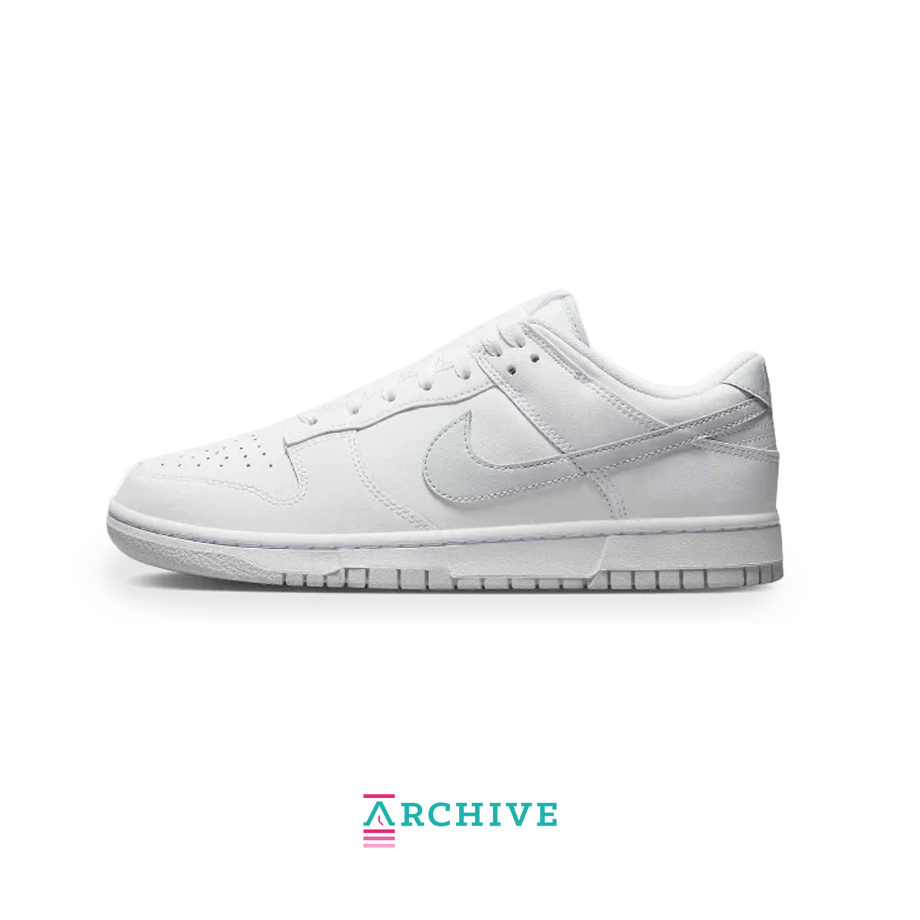 Nike Dunk Low Pure Platinum with white and light grey leather upper, low-top silhouette and white rubber sole, side view product image