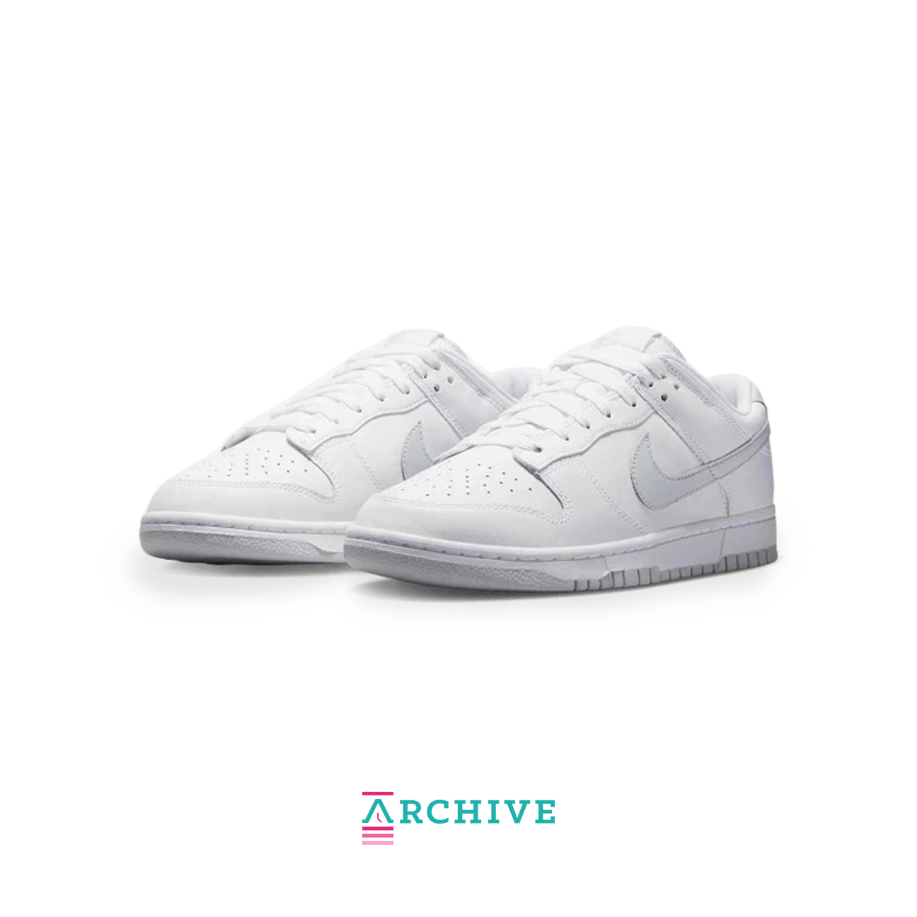 Nike Dunk Low Pure Platinum with white and light grey leather upper, low-top silhouette and white rubber sole, side view product image
