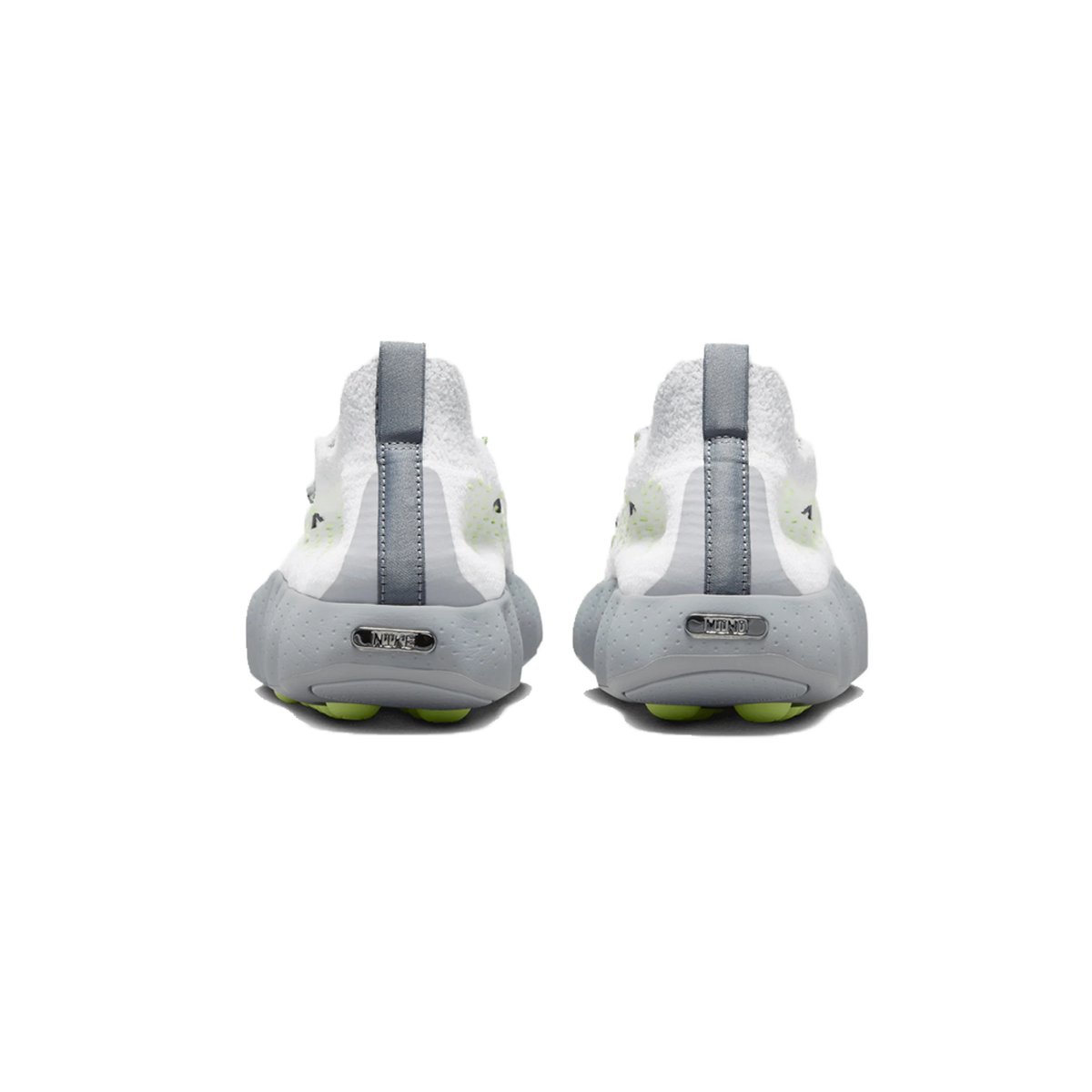 Rear view of a pair of Nike Mind 002 Flyknit sneakers in white with grey heel pull tabs and volt green accents on the sole