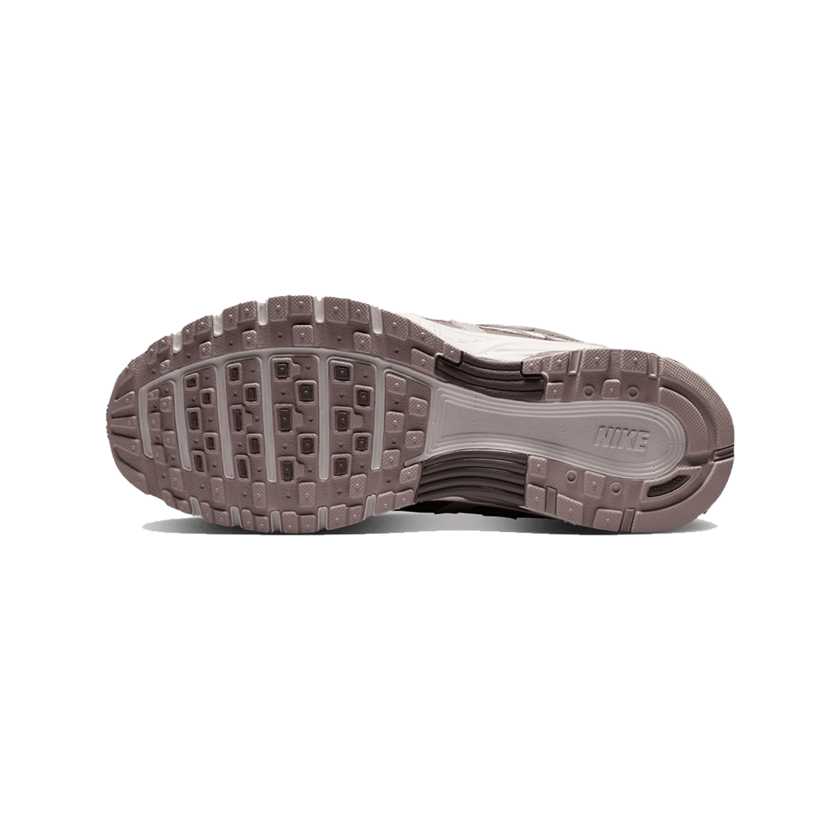 Bottom view of a Nike P-6000 sneaker showing a mauve-toned textured outsole with the Nike logo near the heel.