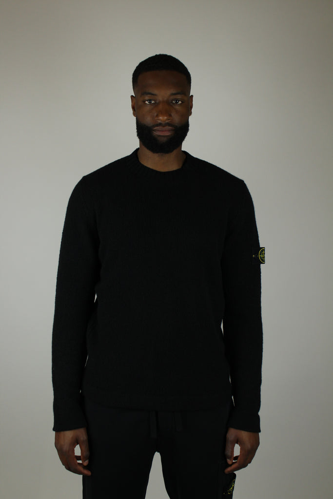 Stone Island Knit Crewneck 'Black' – classic, high-quality knit sweater with a sleek black finish, soft fabric, and iconic logo, perfect for versatile casual and streetwear looks.