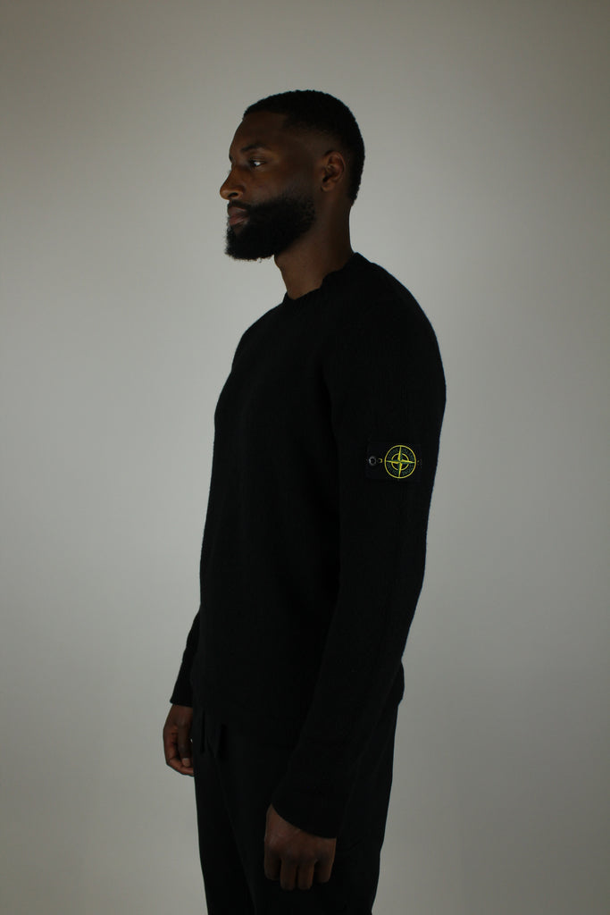 Stone Island Knit Crewneck 'Black' – classic, high-quality knit sweater with a sleek black finish, soft fabric, and iconic logo, perfect for versatile casual and streetwear looks.