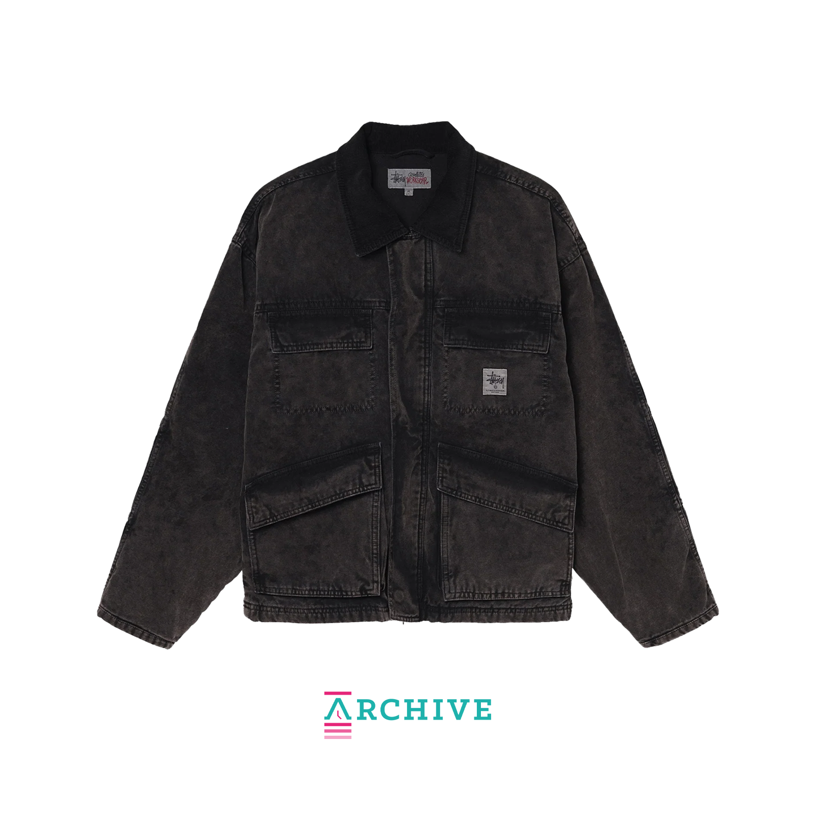 Stussy Washed Canvas Shop Jacket 'Black' – casual men's jacket made from washed canvas in black, with a relaxed fit, durable feel, and minimal branding, perfect for streetwear and everyday wear.