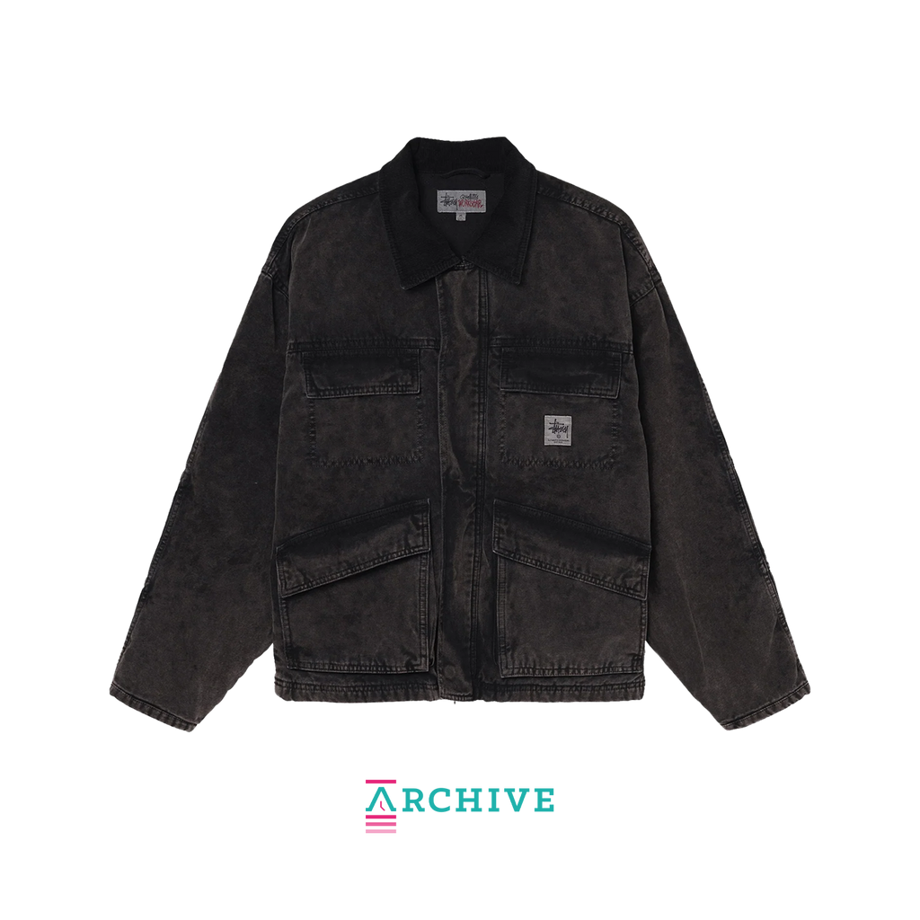 Stussy Washed Canvas Shop Jacket 'Black' – casual men's jacket made from washed canvas in black, with a relaxed fit, durable feel, and minimal branding, perfect for streetwear and everyday wear.