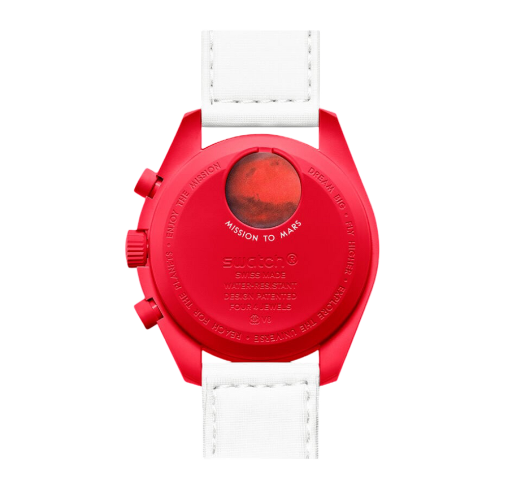 Swatch x Omega Bioceramic Moonswatch Mission to Mars – Red and White Chronograph Watch, Space-Inspired Collaboration Timepiece, Collectible Swiss Wristwatch