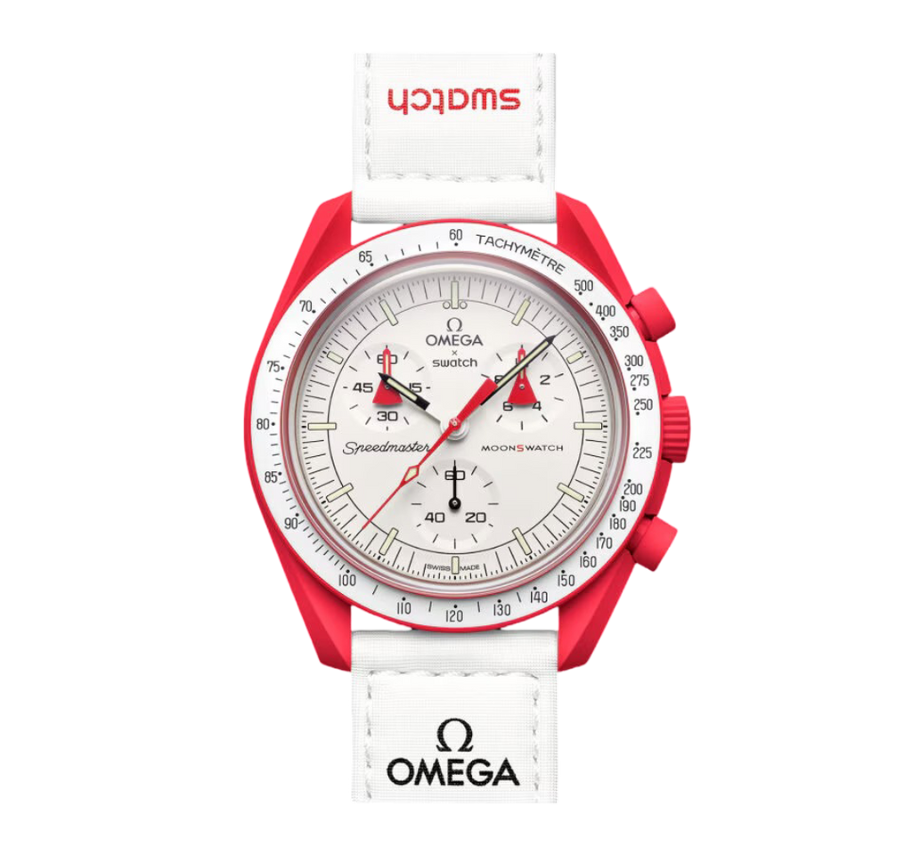 Swatch x Omega Bioceramic Moonswatch Mission to Mars – Red and White Chronograph Watch, Space-Inspired Collaboration Timepiece, Collectible Swiss Wristwatch