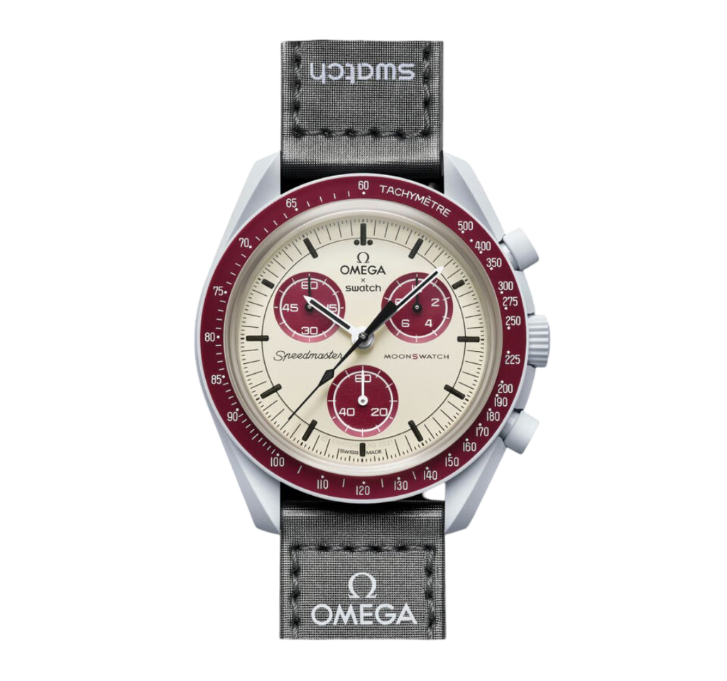 Swatch x Omega Bioceramic Moonswatch Mission to Pluto – Beige and Burgundy Chronograph Watch, Space-Inspired Collaboration Timepiece, Collectible Swiss Wristwatch