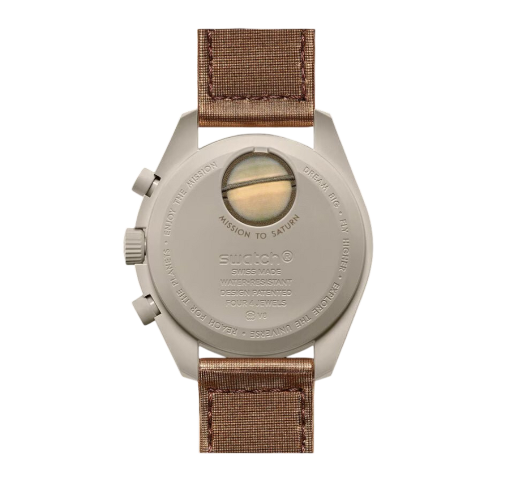 Swatch x Omega Bioceramic Moonswatch Mission to Saturn – Beige and Brown Chronograph Watch, Space-Inspired Collaboration Timepiece, Collectible Swiss Wristwatch