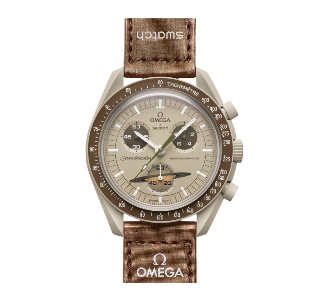 Swatch x Omega Bioceramic Moonswatch Mission to Saturn – Beige and Brown Chronograph Watch, Space-Inspired Collaboration Timepiece, Collectible Swiss Wristwatch