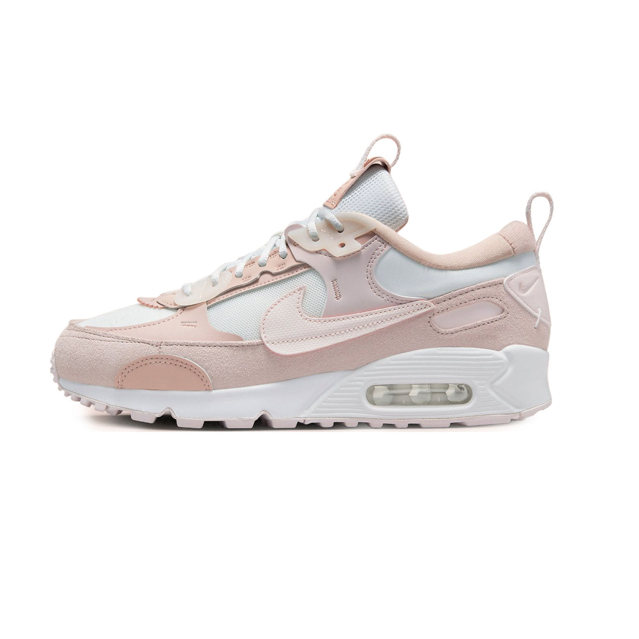 Nike Air Max 90 Futura Summit White Barely Rose womens sneaker with mesh and leather upper and visible Air cushioning